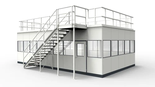 Hallenbüro unter Bühne aus dem System RS45 Hallenbüro unter Bühne aus vorgefertigten Bauteilen für Industrielösungen