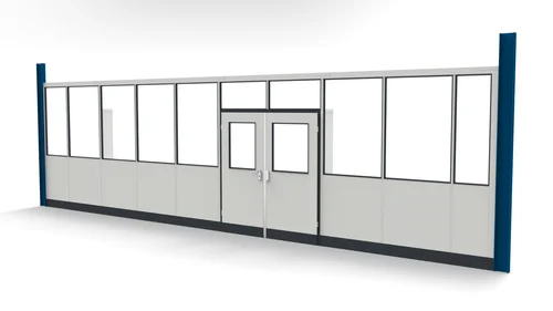Stellwand aus Sichtelementen mit doppeltem Türelement Stellwand aus Sichtelementen mit doppeltem Türelement zwischen 2 Stahlprofilen
