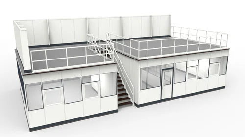 Hallenbüro unter Bühne für die Industrie Hallenbüro unter Bühne in Industriehalle als Abtrennungen vom Produktionsprozess